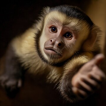 capuchin monkey reaching out with one paw as if offering something gentle expression sharp detail
