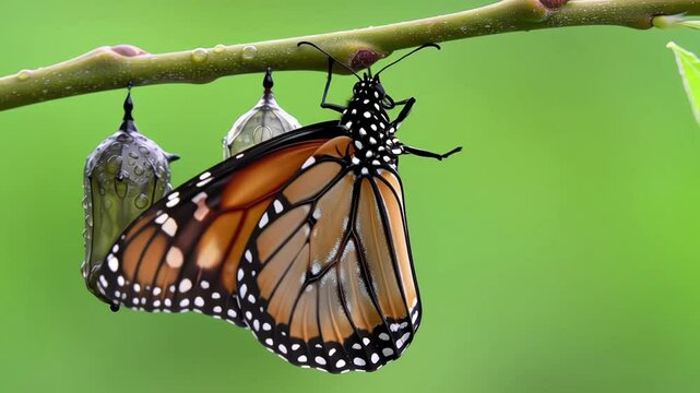 A butterfly emerging from a chrysalis in a lush green setting.