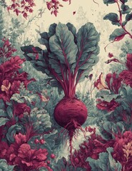 A large beet, crimson and deep green, dominates a stylized botanical print, surrounded by smaller plants in muted burgundy and teal tones