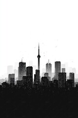 Monochromatic cityscape silhouette, prominent tower, hazy atmosphere, minimal detail, stark contrast