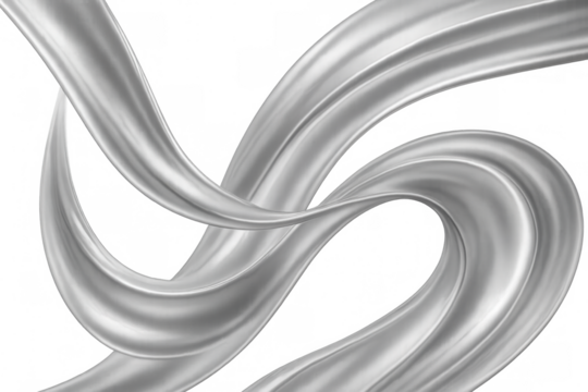 Metallic silver liquid waves swirling and flowing on a transparent background, creating an abstract and elegant design