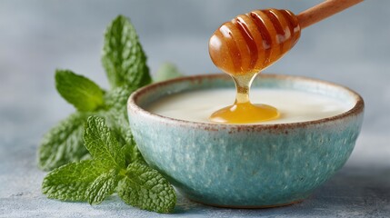 Bowl of honey and mint leaves