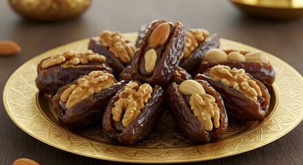 Obraz premium A golden plate filled with dates stuffed with walnuts and almonds and chocolate on a dark brown surface, top view