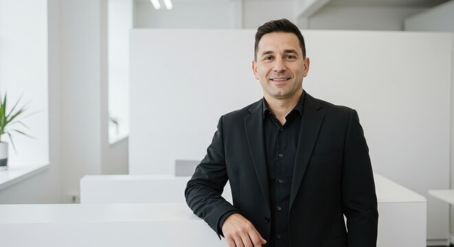 Confident businessman in formal attire standing in modern office environment with white walls and bright natural light, showcasing professionalism and approachability