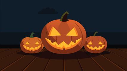 Obraz premium Three carved halloween pumpkins on wooden surface with night background illustration