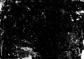 Abstract grunge background. White paint stain on black backdrop. Abstract dirty surface graphic element. Distressed particle overlay template.