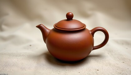 a clay teapot in a neutral colored background. the tea pot is traditional with a round body and a lid with a knob on top