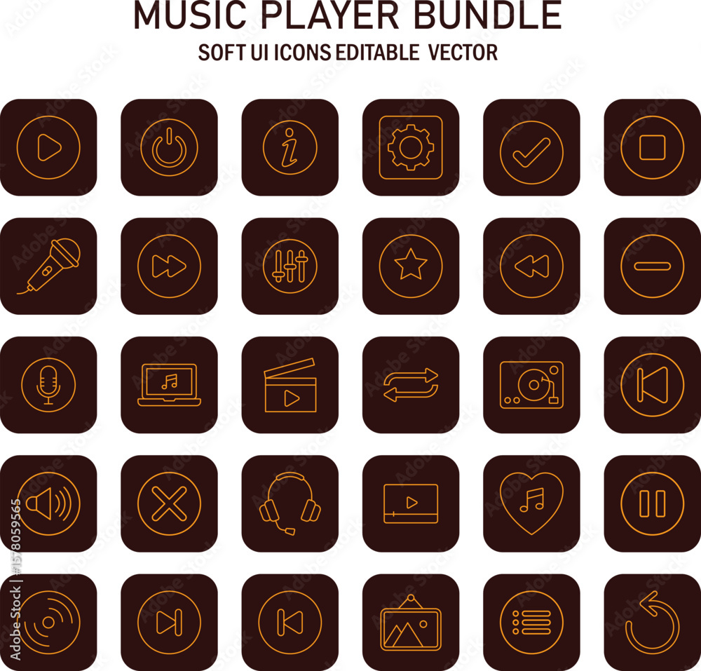 Poster Set of music player icons in soft ui style, vector format and editable, various rounded square shapes with different