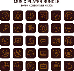 Set of music player icons in soft ui style, vector format and editable, various rounded square shapes with different