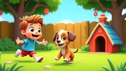 Obraz premium A cartoon boy runs towards a happy dog in a sunny backyard with a doghouse and trees.