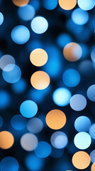 Colorful bokeh lights in blue and orange tones create a festive atmosphere.