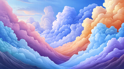Vibrant clouds in shades of blue, pink, and purple against a serene sky.