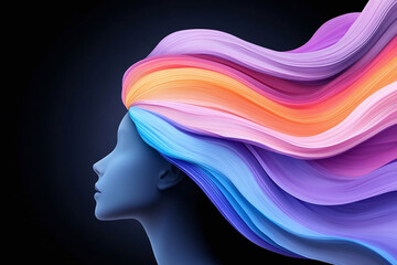 Colorful flowing hair silhouette on a dark background.