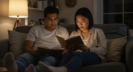 Obraz premium Young Couple Reading Books Cozy Living Room Warm Lighting Evening