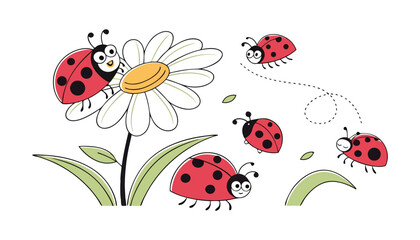 Playful cartoon ladybugs around a white daisy flower with green leaves, fun nature illustration on white background