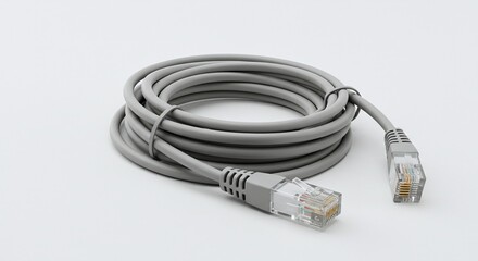 Gray Ethernet Cable Coiled on White Background for Networking and Technology