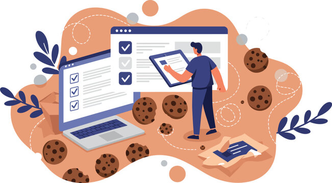 Man interacting with digital checklist on computer screen with cookies and mobile phone vector illustration 