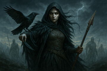 Morrígan, Irish Goddess of War and Prophecy in a Stormy Battlefield, With Raven.  Black Witch.
