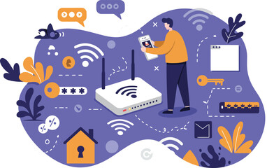 Obraz premium Home network security concepts with man controlling router and digital protection icons in purple and orange vector design 
