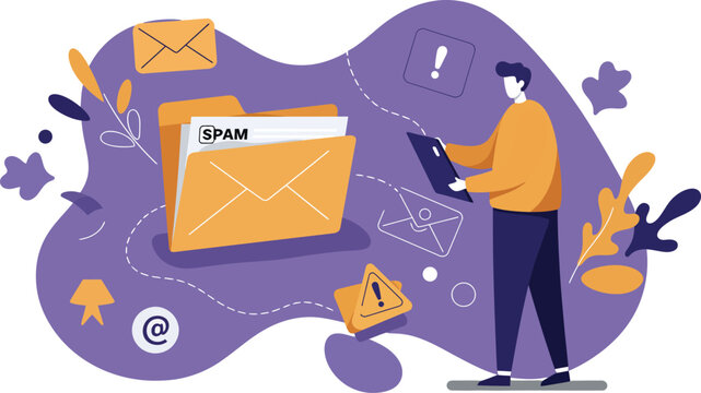 Person Managing Email Spam Folder with Digital Device and Notification Symbols in Purple Background Vector Illustration 