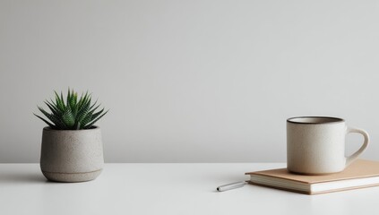 Fototapeta premium Minimalist workspace with plant and coffee