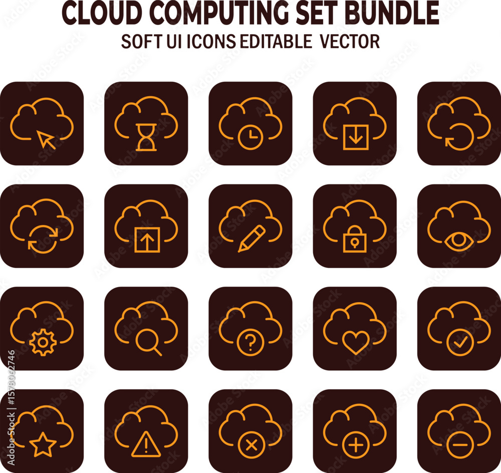 Poster detailed cloud computing icon set for website development and modern digital applications featuring 