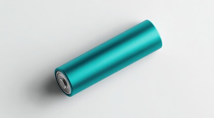 Teal cylindrical battery on white surface