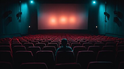 Fototapeta premium Empty cinema with single viewer under moody lights