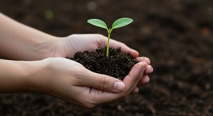Young Hands Holding Small Green Seedling Growing in Dark Soil in Garden
