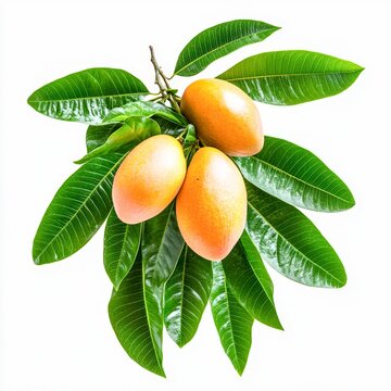 cerbera manghas sea mango plant glossy green leaves and orange fruit with distinct texture isolated on white transparent background