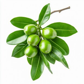 cerbera odollam suicide tree green fruit and long glossy leaves isolated on white transparent background
