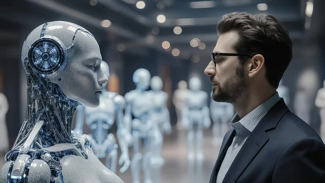 Human and humanoid robot face each other in a futuristic environment
