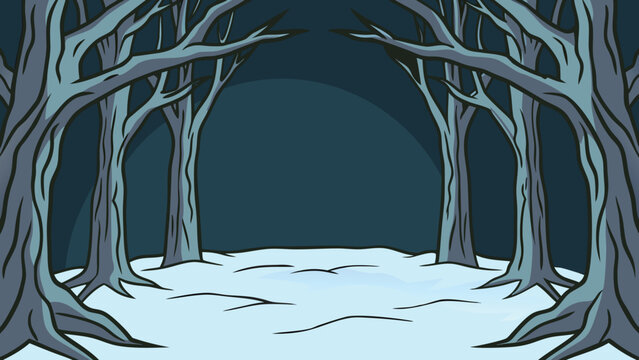 Winter forest scene with trees and snow in a cartoon illustration