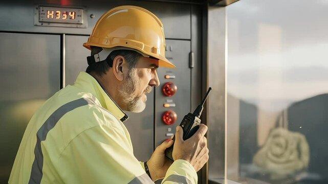 Construction worker using walkie talkie near elevator panel
