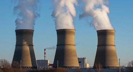 Cooling Nuclear Power Plant with Large Cooling Towers Emitting Steam in Clear Sky