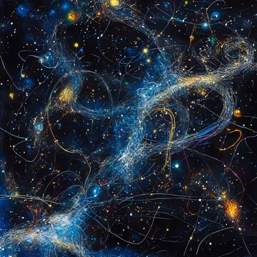 Chaotic cosmic scribbles interwoven with starlight creating a dreamlike abstract canvas imaginative and isolated