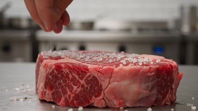 Chef cooks beef steak. sprinkling with salt on a background of professional kitchen. slow motion.mp4