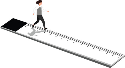 Fototapeta premium Woman walking on giant ruler measuring scale vector illustration in minimal style 