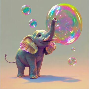 cartoonish elephant blowing oversized rainbow bubbles