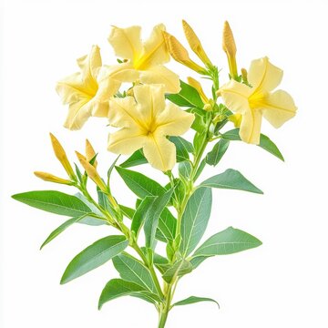 cascabela thevetia yellow oleander plant trumpetshaped yellow flowers and narrow leaves isolated on white transparent background