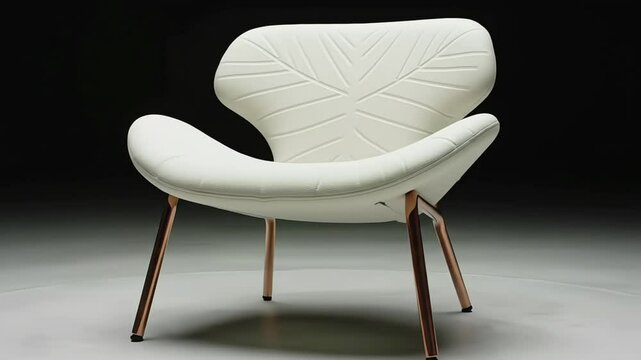A modern white chair with leaf patterns and copper legs, exuding elegance.