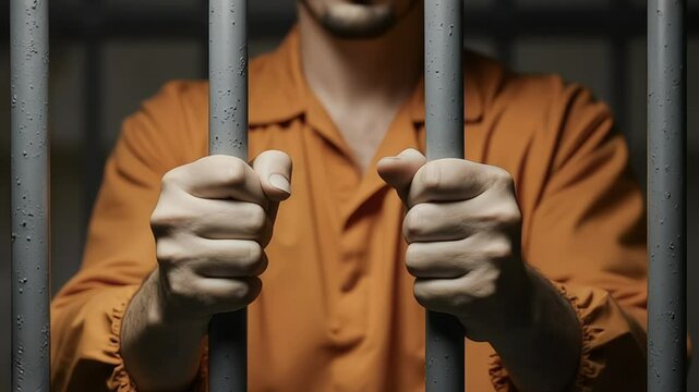 Inmate in orange jumpsuit holding prison bars with both hands