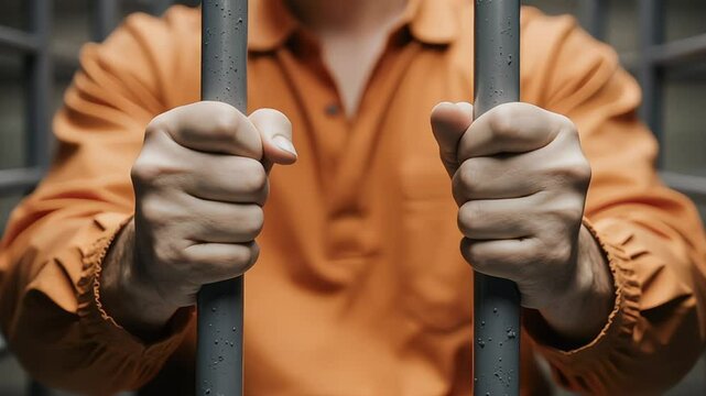 Inmate in orange jumpsuit grips prison bars with hands tightly