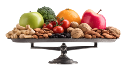 A balanced diet concept showing fruits, vegetables, and nuts placed on a weighing scale, isolated on tranparent background 