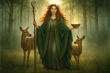 Danu, Celtic Mother Goddess of Nature and Wisdom in an Enchanted Forest