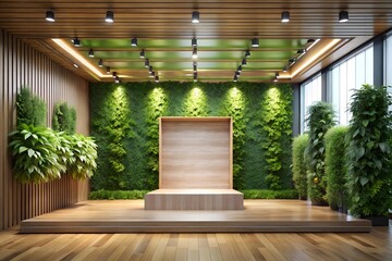 A modern indoor stage with a green wall and wooden accents offers a minimalist design