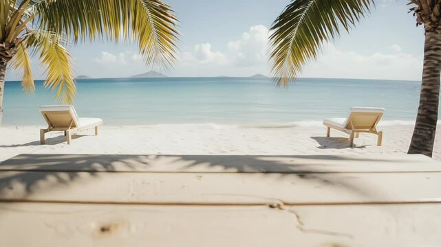 Tropical beach view with palm trees and wooden table in foreground