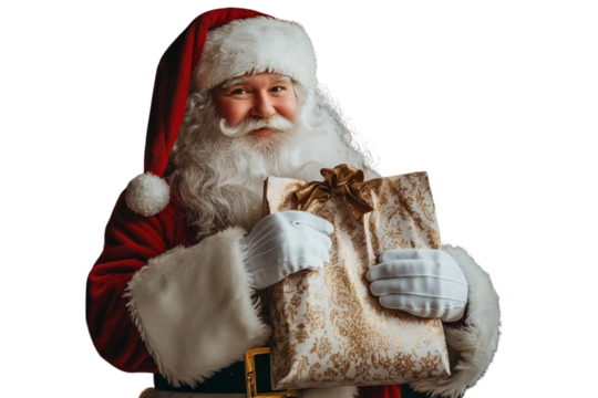 Santa Claus holds a festive gift bag with a joyful expression on a transparent background, perfect for holiday greetings, silhouette