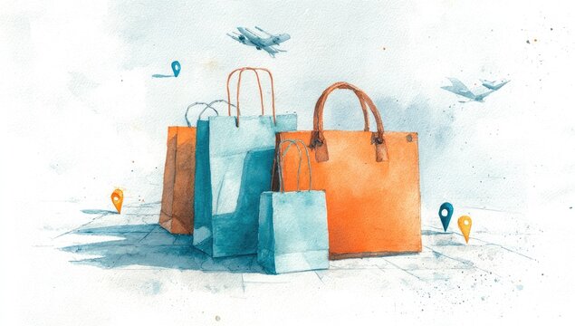 Watercolor shopping bags, travel theme