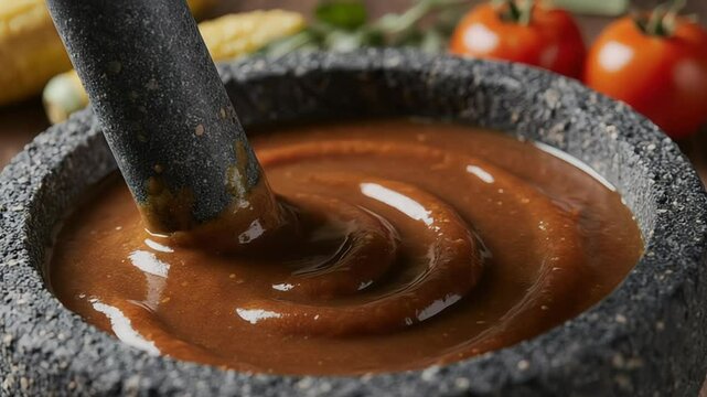 Salsa molcajete being prepared in a traditional stone mortar